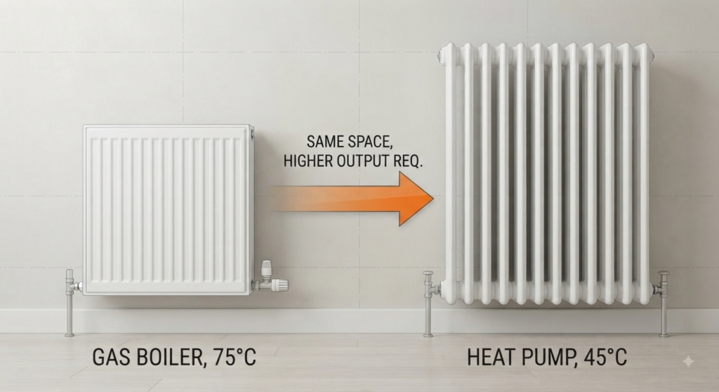 Standard radiator for a gas boiler next to the larger radiator needed for a heat pump