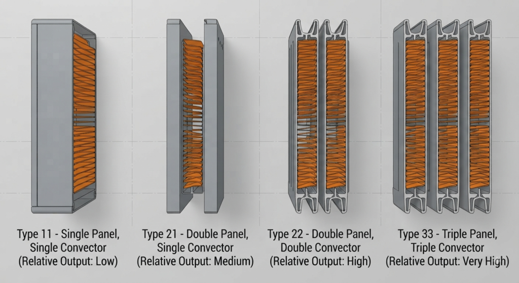 Cross-section from above of Type 11, 21, 22 and 33 radiators showing panels and convector fins