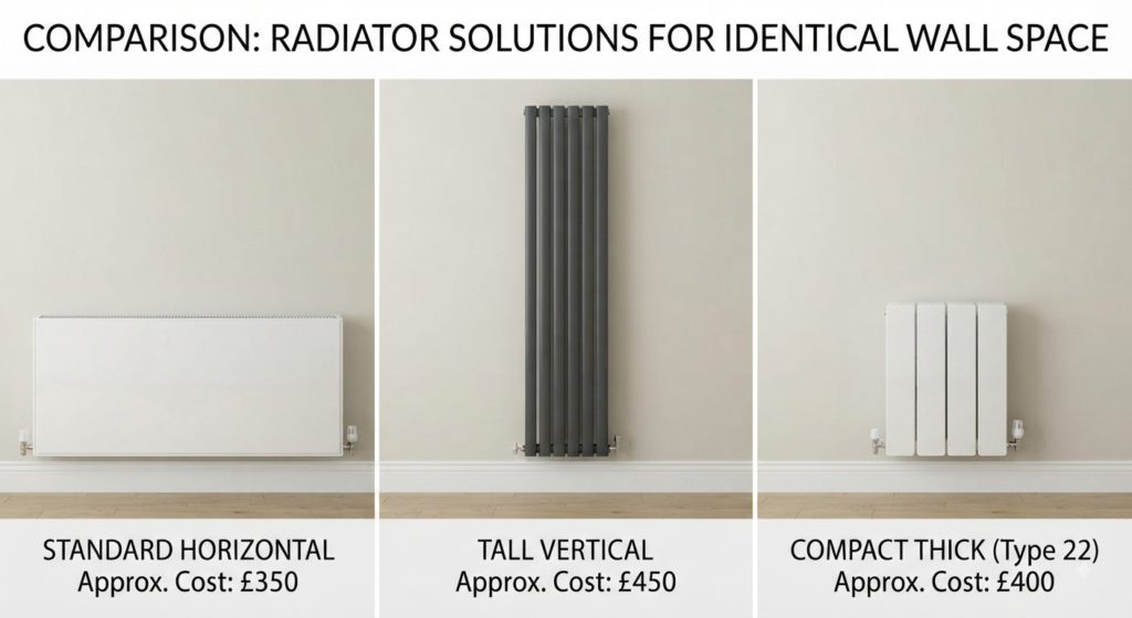 Horizontal, vertical and higher output radiators compared as alternatives to moving one