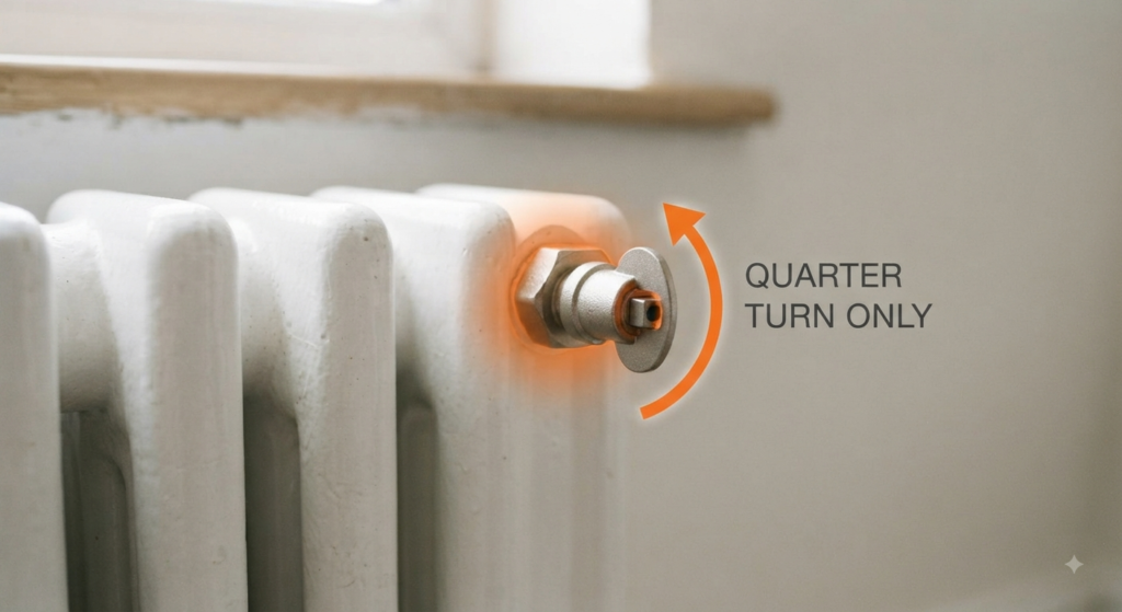 Radiator bleed valve with an arrow showing a quarter turn anticlockwise