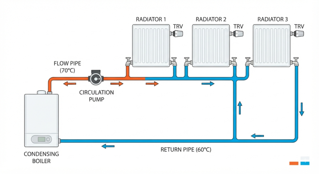 Central heating circuit showing boiler, pump, flow pipe to radiators and return pipe