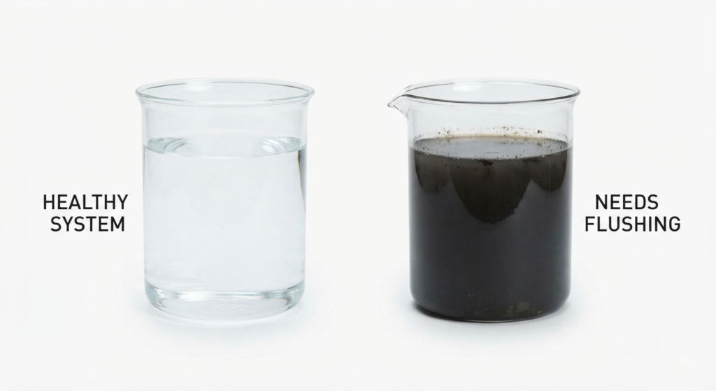 Clear water next to black system water drained from a radiator