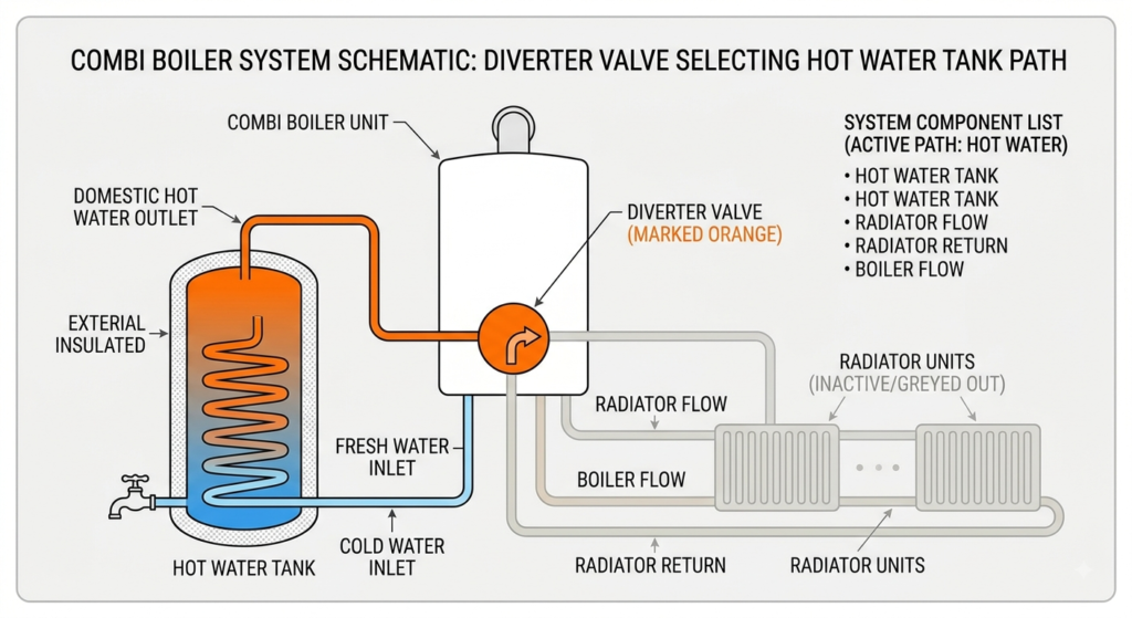 Combi boiler diagram showing the diverter valve sending heat to hot water but not to the radiator circuit