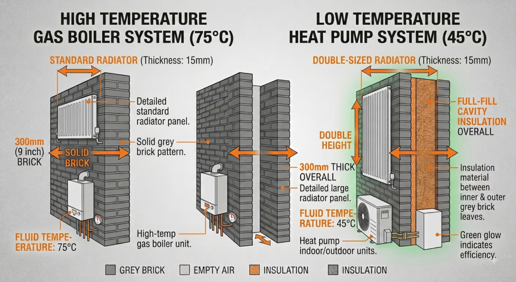 Gas boiler at 75°C next to a heat pump at 45°C, showing the larger radiator a heat pump needs