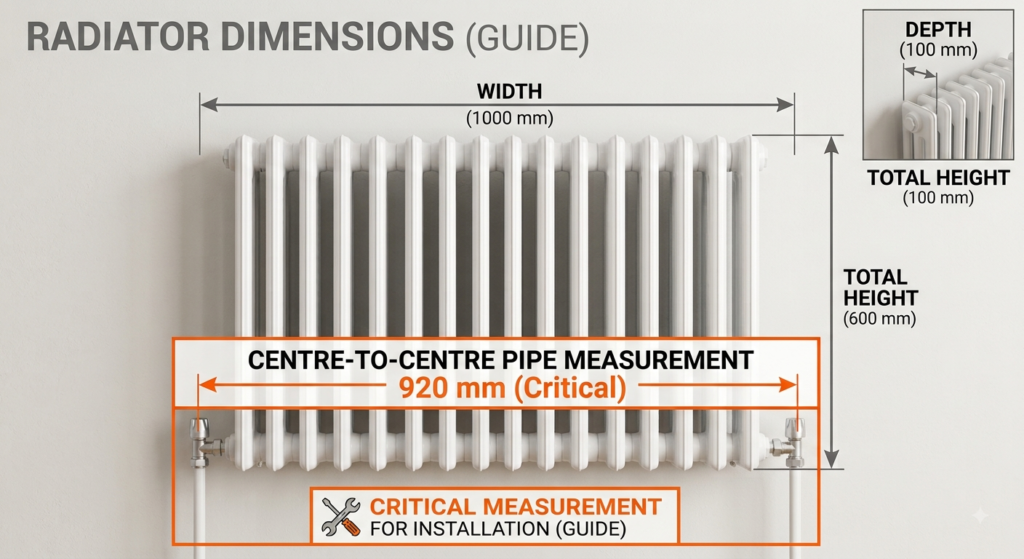Radiator with height, width, depth and pipe centre measurements marked