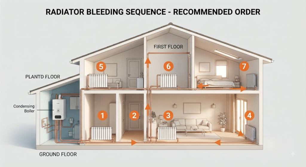 Two-storey house showing the order to bleed radiators, ground floor first and furthest from the boiler