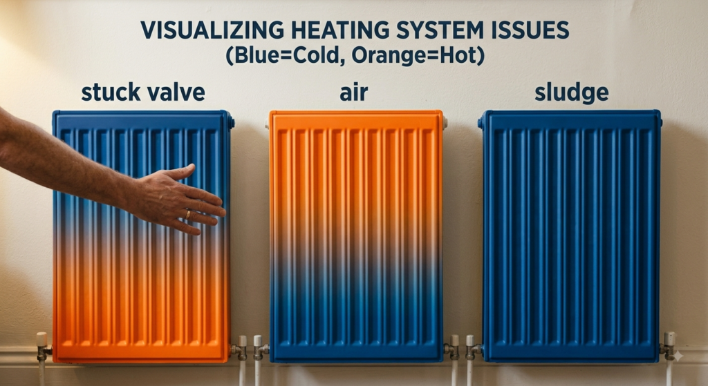 Three radiators showing cold at the top, cold at the bottom and cold all over, with the cause of each