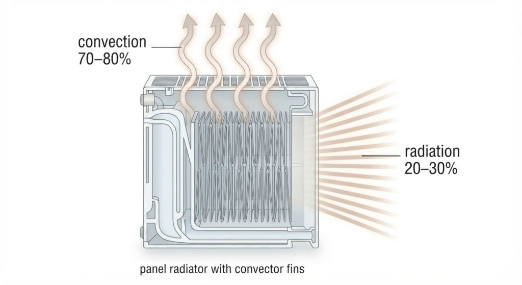 Radiator side view showing convection currents rising and infrared radiating from the front