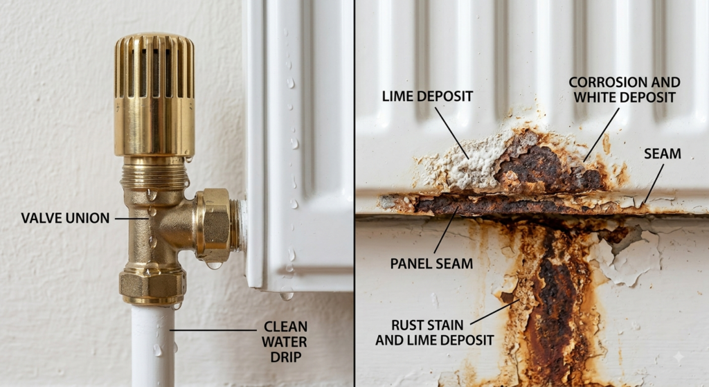 Leak at a radiator joint compared with corrosion in the panel seam