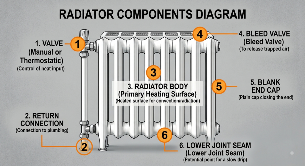 Radiator diagram with the six most common leak points marked