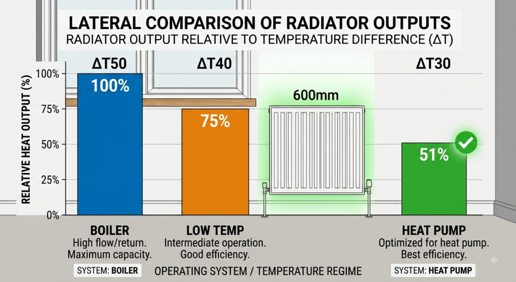 Bar chart showing the same radiator producing half its output when running at heat pump temperatures
