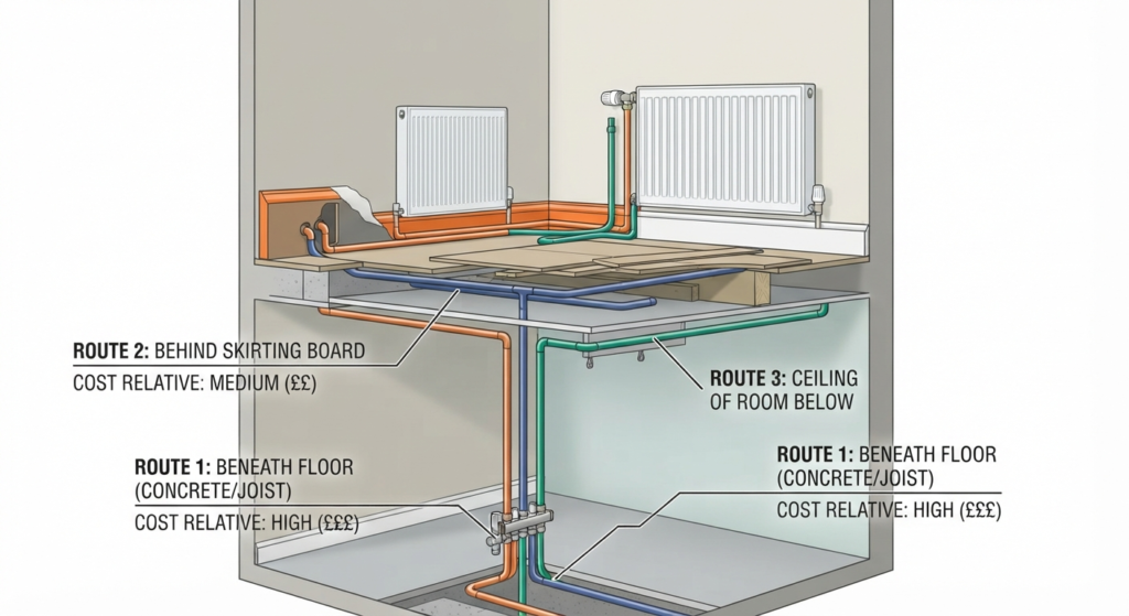 Room cross-section showing three pipe routes for moving a radiator: under the floor, along the skirting and through the ceiling below