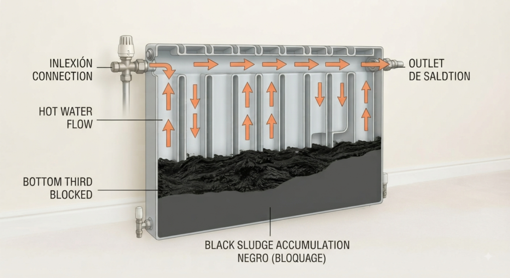 Radiator cross-section showing sludge settled at the bottom blocking water circulation