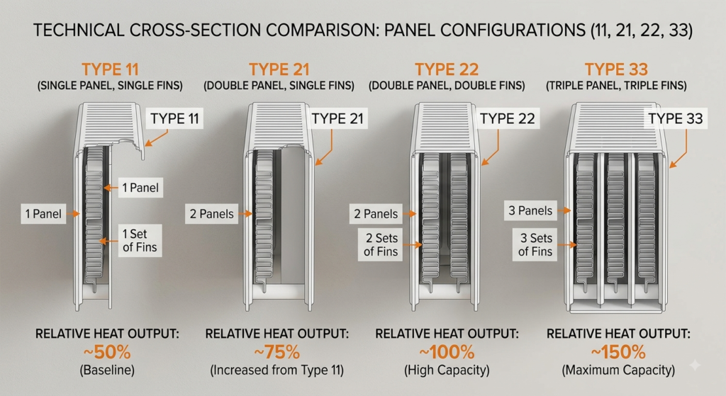 Cross-section of Type 11, 21, 22 and 33 radiators showing panels and convector fins