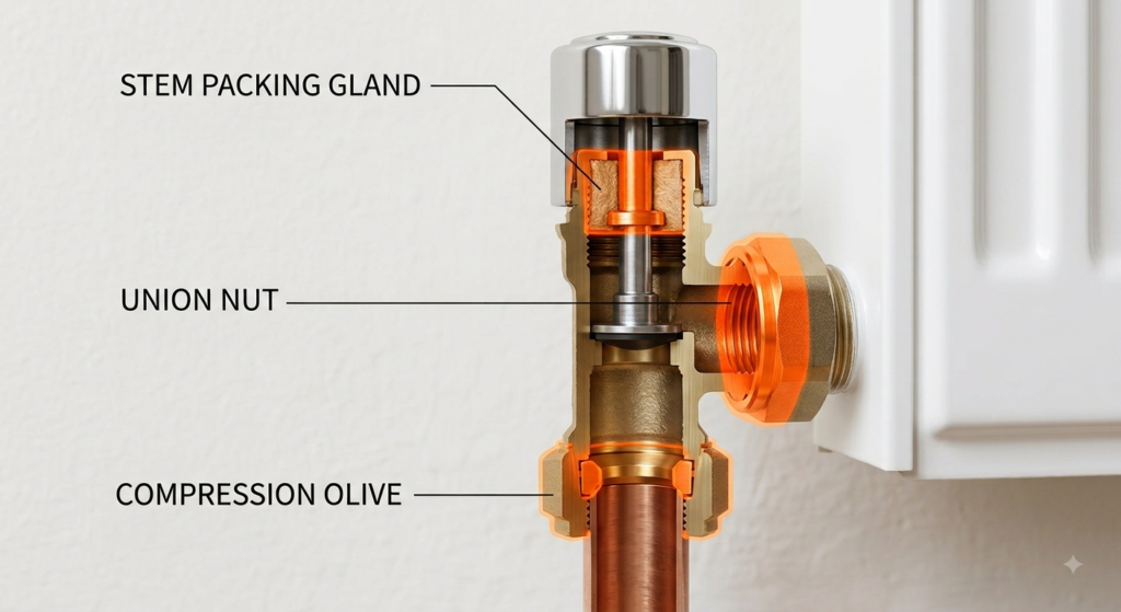 Radiator valve cross-section showing spindle packing, union nut and compression olive