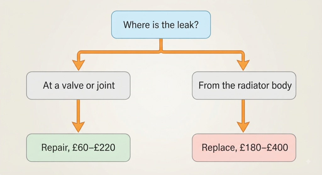 Decision diagram showing when to repair a radiator leak and when to replace the radiatorCaption → Fittings get repaired. Corroded panels get replaced.