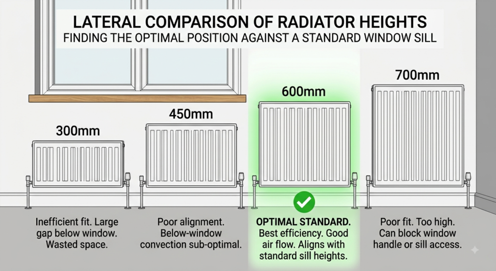 Four UK radiator heights compared against a standard window sill