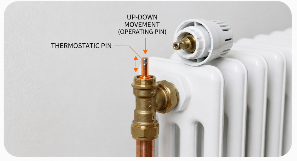 Thermostatic radiator valve with the head removed, showing the pin that seizes
