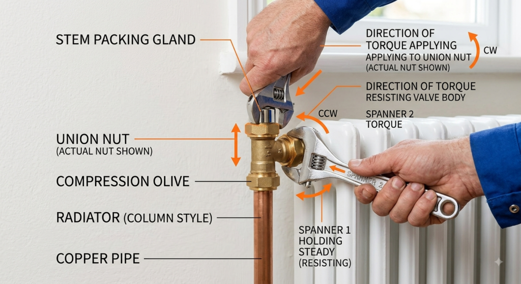 Two adjustable spanners on a radiator valve, one holding the body and one turning the nut
