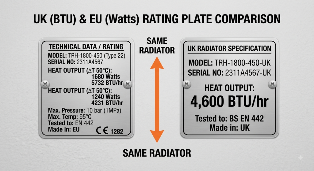 British radiator labelled in BTU next to a European one in watts, showing the same output in different units