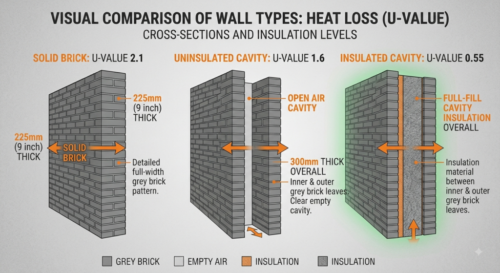 Three UK wall constructions in cross-section with their U-values labelled