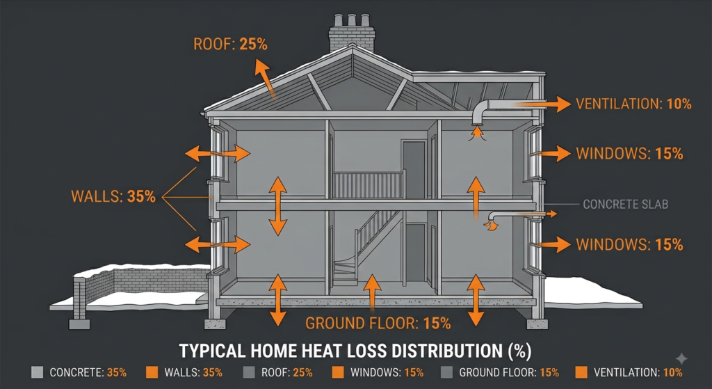 Cross-section of a UK house showing the percentage of heat lost through roof, walls, windows and floor